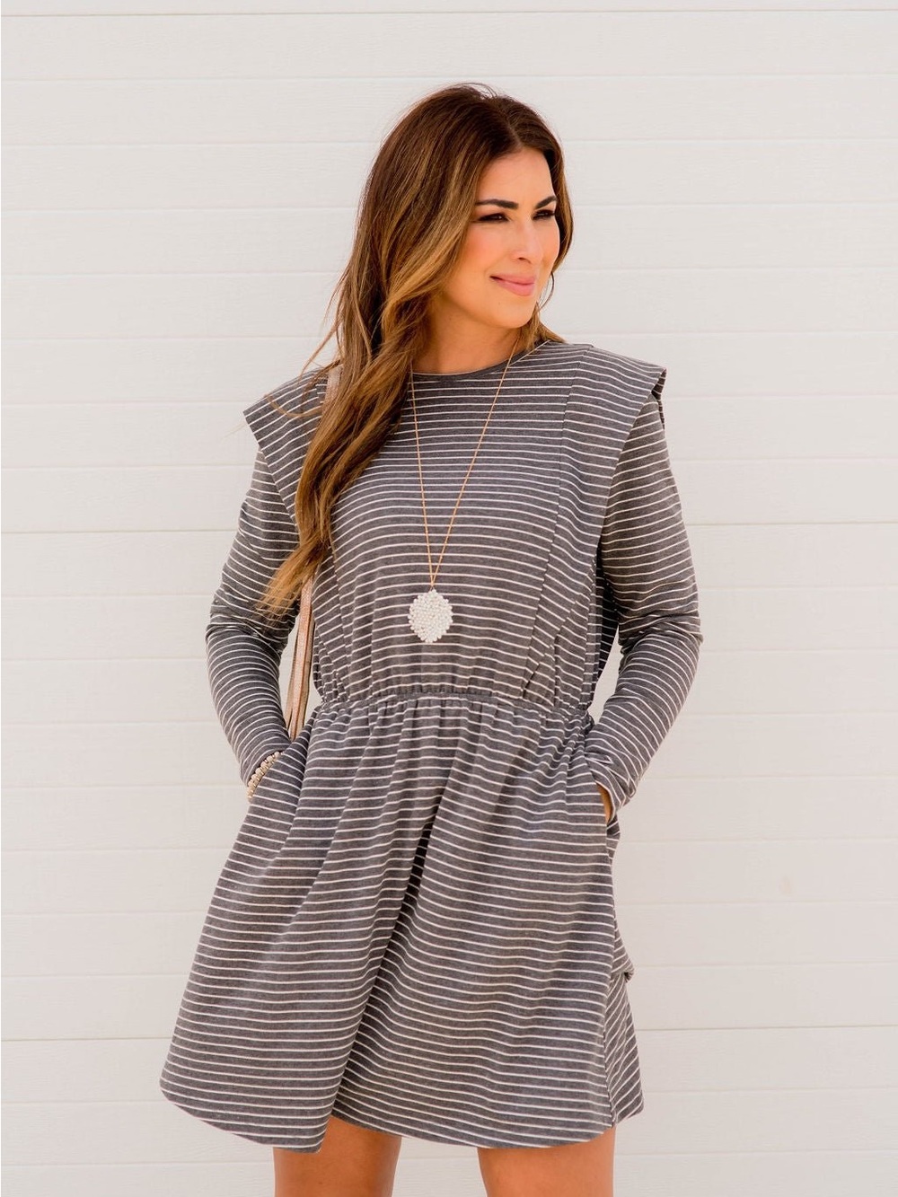 Betsy Boutique Striped Long-Sleeve Casual Dress in Charcoal, Small
